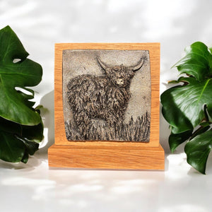 Hand-cast Highland Cow Plaque on Solid Oak - Choice of 3 finishes