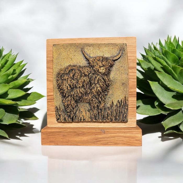 Hand-cast Highland Cow Plaque on Solid Oak - Choice of 3 finishes