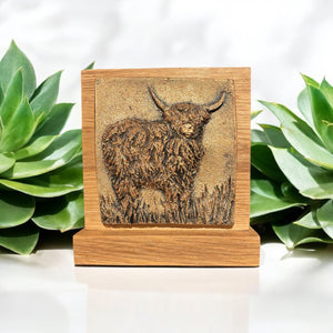 Hand-cast Highland Cow Plaque on Solid Oak - Choice of 3 finishes