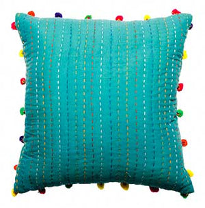 Kantha Cushion with Pom Poms - 45cm x 45 cm