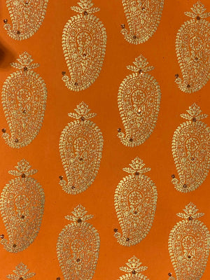 Luxurious Recycled Rag Wrapping Paper - Orange with Gold Paisley