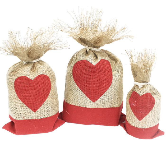 Jute Christmas Gift Pouches - Heart (Set of 3)