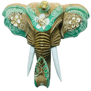 Carved Wooden Elephant Mask -Turquoise/Cream