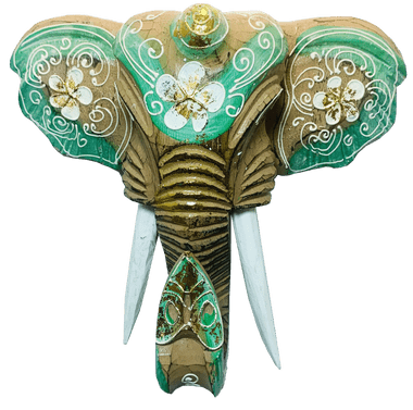 Carved Wooden Elephant Mask -Turquoise/Cream