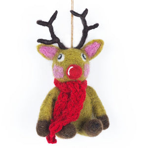 Handmade Felt Christmas tree decoration - Rudolph with Knitted Scarf
